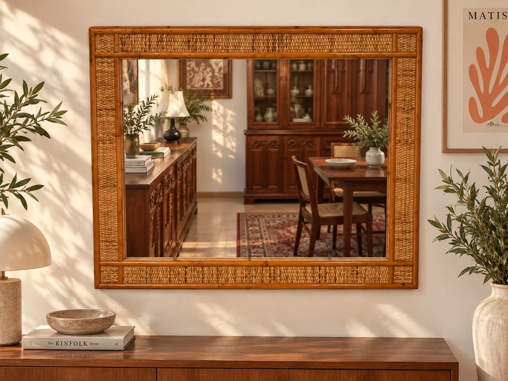 Specchio in Rattan Vintage 80x70 cm – Specchio da Parete in Rattan Intrecciato, Design Mid-Century