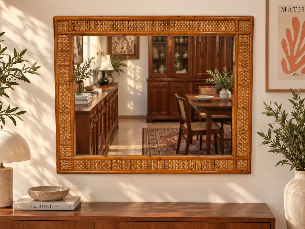 Vintage Rattan-Spiegel 80x70 cm – Wandspiegel aus geflochtenem Rattan, Mid-Century-Design