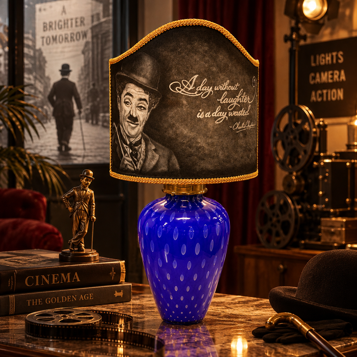 Tischleuchte aus blauem mundgeblasenem Glas mit handbemaltem Lampenschirm – Charlie Chaplin, Luca Fina
